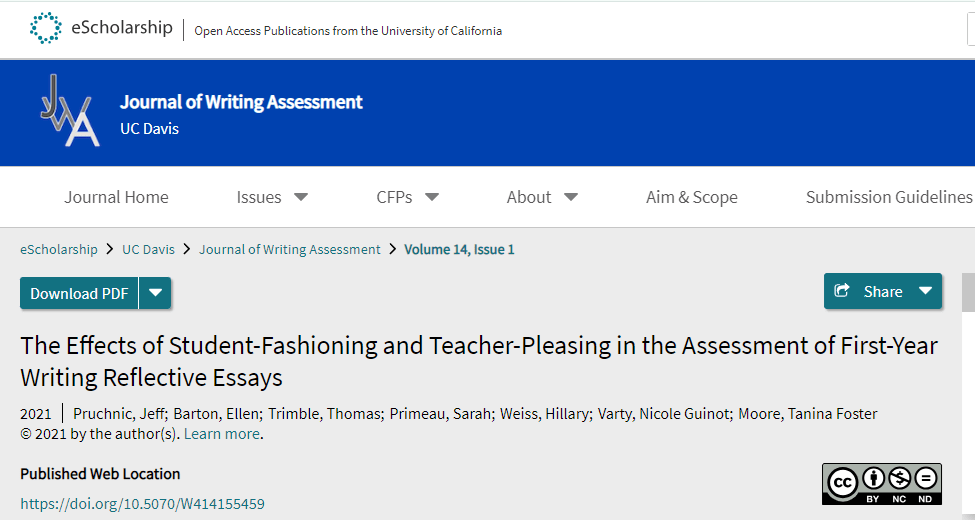 A photo of the 2021 collaborative publication, "The Effects of Student-Fashioning and Teacher-Pleasing in the Assessment of First-Year Writing Reflective Essays."